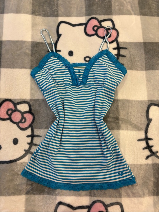 American Eagle Outfitters Tops - American Eagle Y2K Blue & White Striped Lace Cami Tank Top